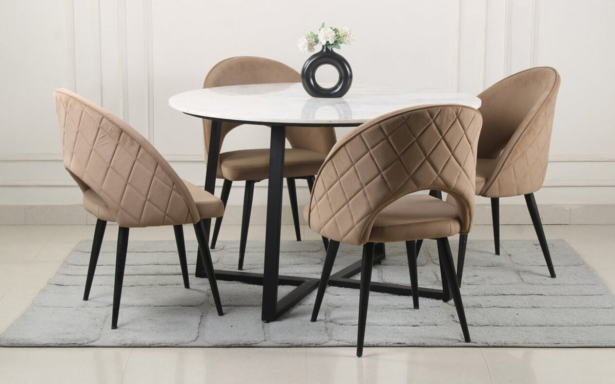 Linden 4 Seater Wonder White Marble Round Dining Table Set in Black Fi