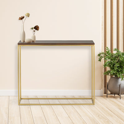 Rectangle console table with wooden top supported by metal legs in gold finish
