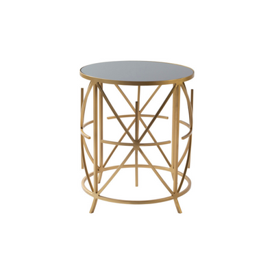 Round side or end table with round black glass top, supported by metal legs in gold finish