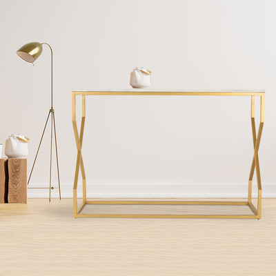 Rectangular Marble console table with natural white marble top supported by metal legs in gold finish