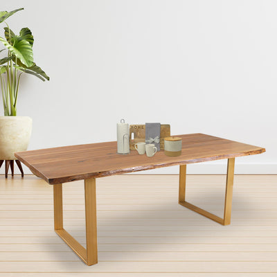 Acasia wood 6 seater rectangle dining table with gold powder coated metal legs and natural wooden top 