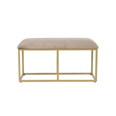 Beige velvet fabric metal bench with metal legs in gold finish