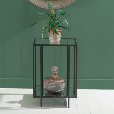 Square shape side table with two-tiered shelf top with glass and bottom with mirror, supported by metal legs in black finish