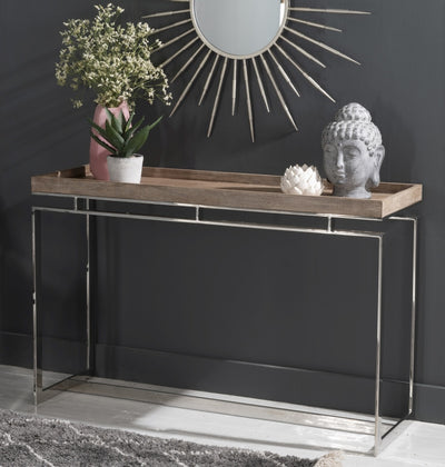 Rectangle console table with wooden top supported by stainless steel legs in chrome finish.