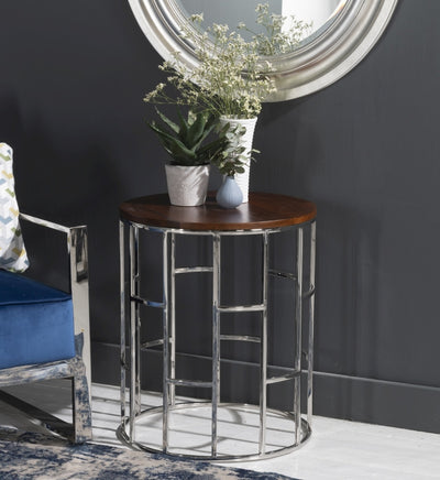Round side or end table with wooden top, supported by stainless steel frame in chrome finish