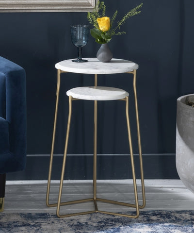 Set of 2 round nesting tables with white marble top and metal legs in gold finish