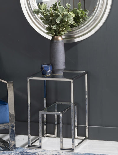 Rectangle side or end table with glass top, supported by stainless steel legs in chrome finish