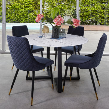4 seater marble round dining table with natural white marble top and metal legs in black finish