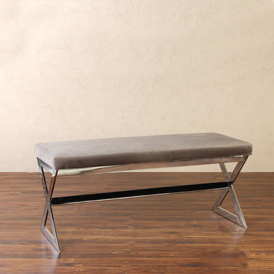 Rectangle grey velvet fabric accent bench/ottoman with stainless steel legs in chrome finish