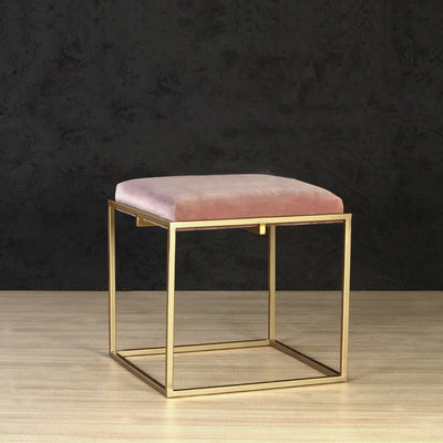 Small square bench with peach velvet upholstry with metal frame in gold finish