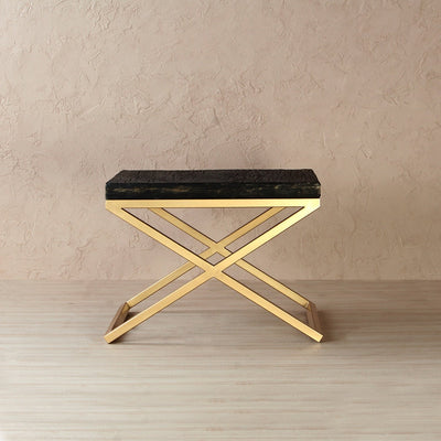 Square side or end table with wooden top, supported by metal frame in antique gold finish