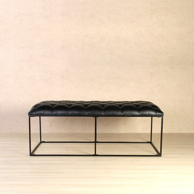 Rectangle Ottoman cum Bench with black leather top and metal frame in black finish