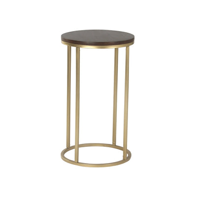 Round side or end table with wooden top, supported by metal legs in gold finish