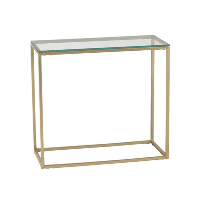 Rectangle side or end table with glass top, supported by iron legs in gold finish