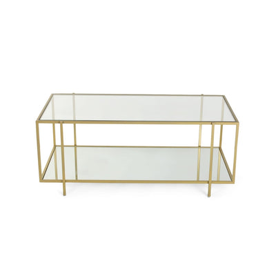 Rectangle glass coffee table with two-tiered shelf top with glass and bottom with mirror, supported by iron legs in gold finish