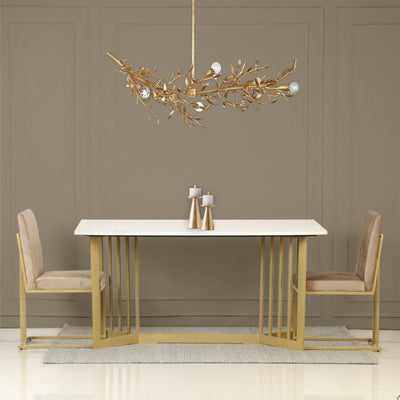 Natural white marble 6 seater rectangle dining table with marble top and metal legs in gold finish 