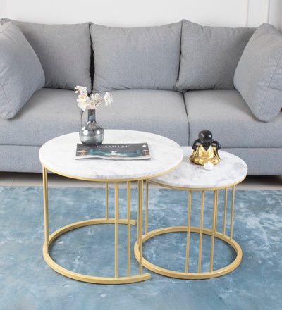 Composite marble, Artificial marble, Mild steel iron, Metal table, Nesting coffee table, Nesting center table