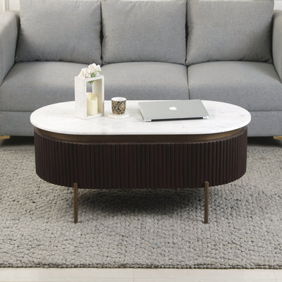 Lifestyle view of stranton marble coffee table with composite marble top and walnut base
