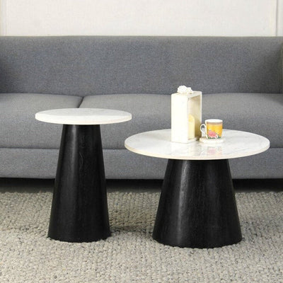 Lifestyle view of fabriano composite marble nesting coffee table with brushed black base