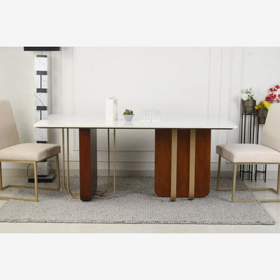 Lifestyle view of roswell composite marble 6 seater dining table with dark & gold walnut base