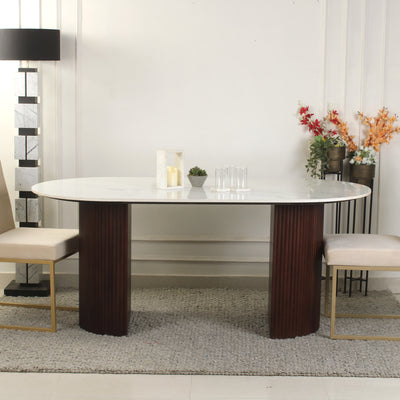 Lifestyle view of roswell composite marble 6 seater dining table with dark walnut base