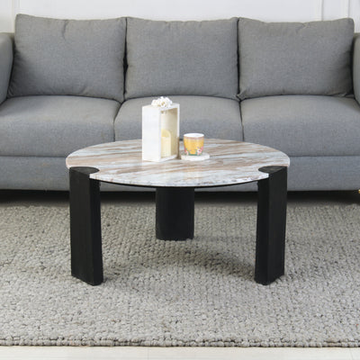 Lifestyle view of roswell real marble coffee table with toronto marble top and brushed black finish