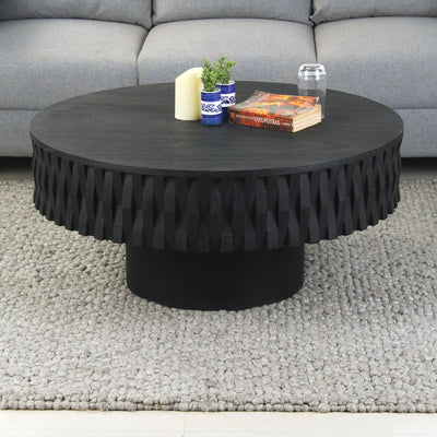 Lifestyle view of roswell solid wood coffee table with brushed dark walnut finish