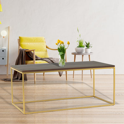 Rectangle coffee table with wooden top supported by metal legs in gold finish