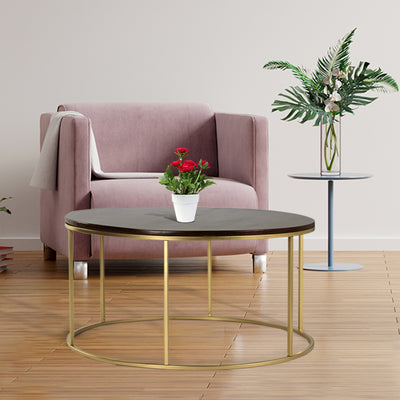 Round coffee table with wooden top supported by metal legs in gold finish