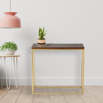 Rectangle side or end table with wooden top, supported by iron legs in gold finish