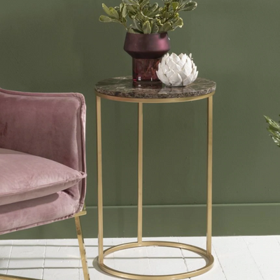 Round side or end table with italian emperador marble, supported by metal legs in gold finish