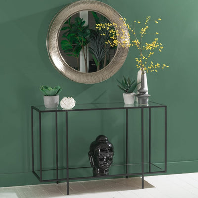 Rectangle glass console table contain two-tiered shelf top and bottom with tempered glass , supported by metal legs in black finish