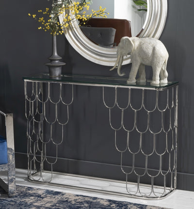 Rectangle console table with glass top supported by stainless steel in chrome finish.