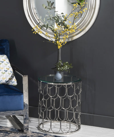 Round side or end table with glass top, supported by stainless steel frame in chrome finish