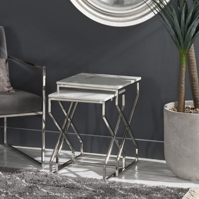 Set of 2 Marble nesting tables with marble top and stainless steel frame in chrome finish