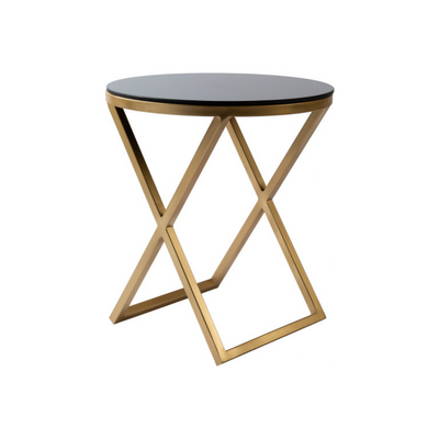 Round side or end table with black glass top, supported by metal legs in gold finish