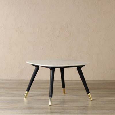 Rectangle side or end table with natural white marble top, supported by mango wood legs and brasscones