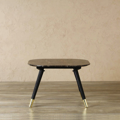 Rectangle side or end table with italian brown marble top, supported by mango wood legs and brasscones 