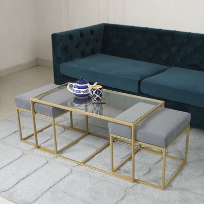 Benton Nesting Clear Glass Coffee Table Set With 2 Stools In Gold Finish