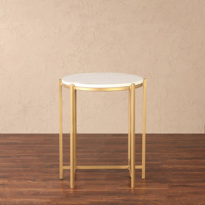 Round side or end table with marble top, supported by metal frame in gold finish