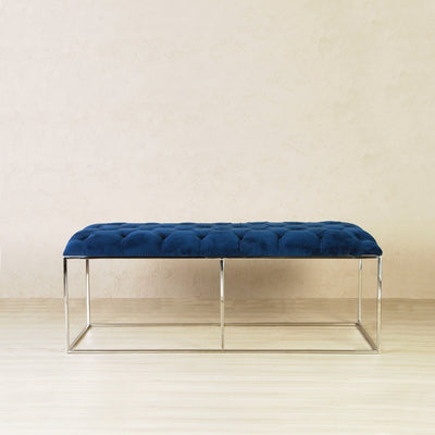 Rectangle dark blue velvet fabric bench/ottoman with stainless steel legs in chrome finish