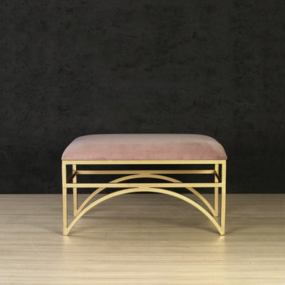 Small Square bench with peach velvet upholstry and metal frame in gold finish
