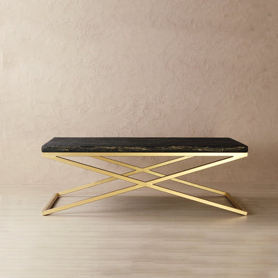 Rectangle coffee table with wooden top supported by metal frame in antique gold finish
