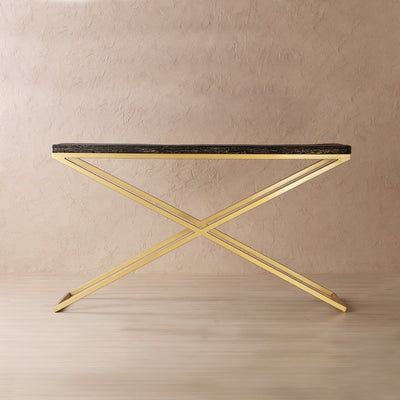 Rectangle coffe table with wooden top supported by metal legs in antique gold finish