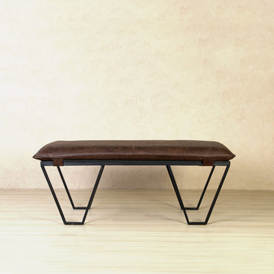 Rectangle dark brown leather bench withmetal frame in black finish