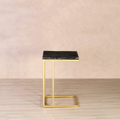 Square C table or end table with wooden top, supported by metal frame in antique gold finish