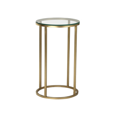 Round side or end table with glass top, supported by metal legs in gold finish
