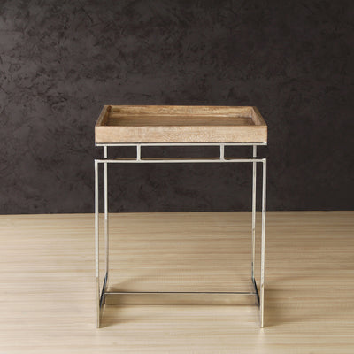 Rectangle side or end table with wooden top, supported by stainless steel in and chrome finish