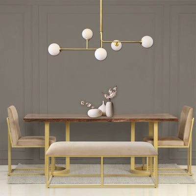 Acasia wood 6 seater rectangle dining set with marble top and metal legs in gold finish 