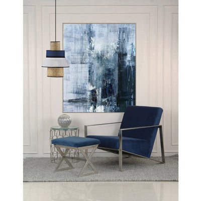  Blue velvet fabric lounge chair in stainless steel legs with chrome finish.